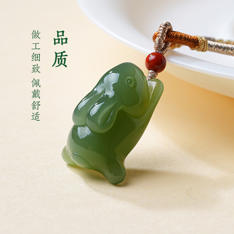 Hetian Jasper Duck-Egg Green Rabbit Pendant, Cute Lying Rabbit Jade Charm for Men & Women, Holiday Gift, With Certificate & Collectible Value