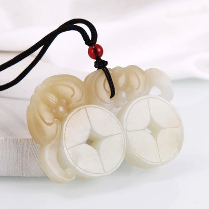 White Hetian Jade Pendant, Fine Carved Pixiu & Guanyin Pendant, Greasy Glossy High White Jade