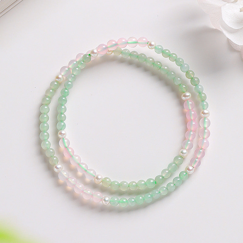 DIY Mini Bead Jadeite Bracelet, Women's Double-loop Bracelet with Pink Chalcedony, Fresh & Versatile