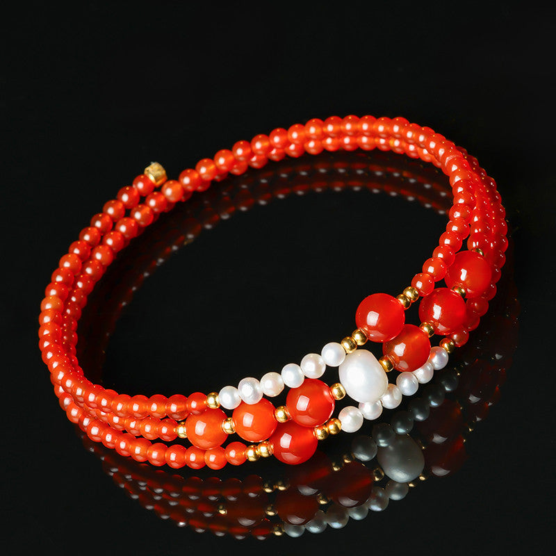 Lucky Red Agate Bracelet, Mini Bead & Rolling Bead Bangle-style Multi-loop Bracelet for Women, Festival Gift for Girlfriend