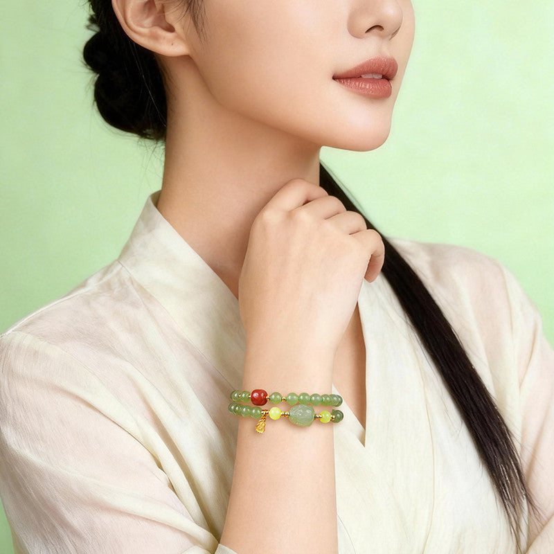 Icy Clear Water Light Cyan Hetian Jade Double-row Bracelet with Pixiu, Fashion Versatile Jewelry, Festival Gift