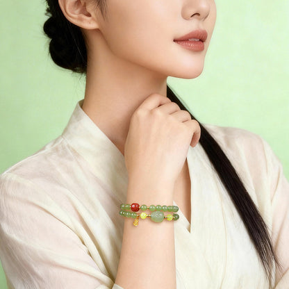 Icy Clear Water Light Cyan Hetian Jade Double-row Bracelet with Pixiu, Fashion Versatile Jewelry, Festival Gift