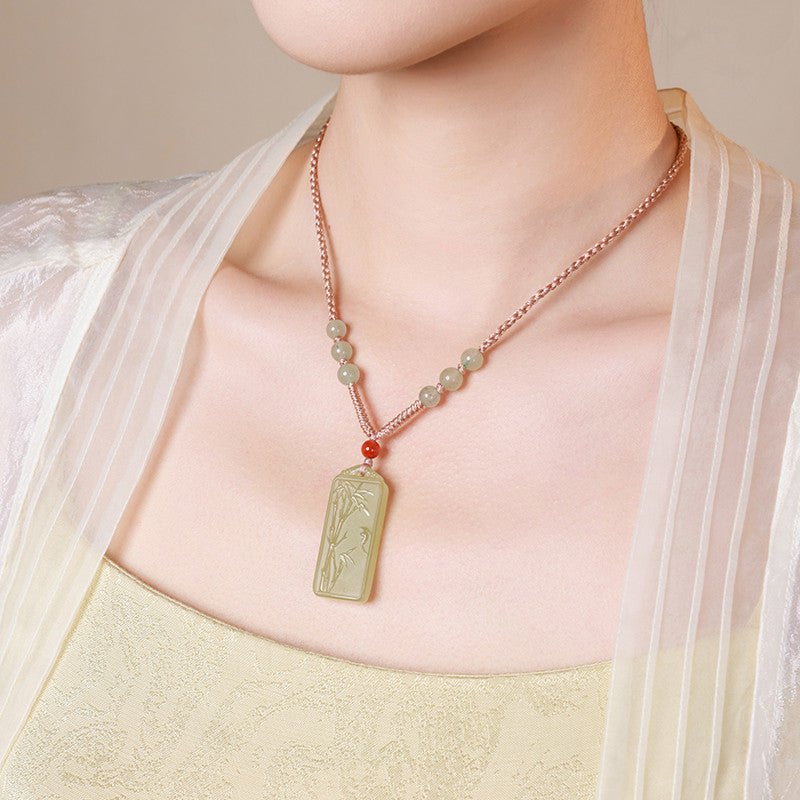 Pale Cyan Hetian Jade Bamboo Pendant for Men & Women, Rising Step-by-Step Jade Holiday Gift