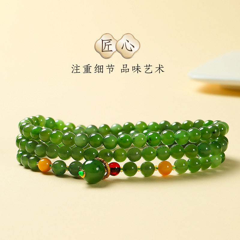 Spinach Green Hetian Jasper Round Bead Necklace, Sweater Chain, Gift for Mom