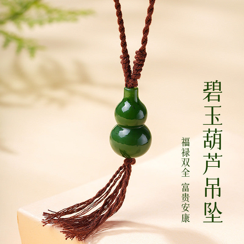 Spinach Green Hetian Jasper Gourd Pendant, Fortune & Blessing Jade Ornament with Cord