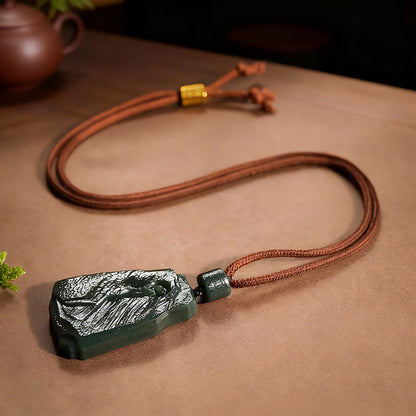 Retro-style Hetian Green Jade Pendant, Enlightenment Carving with Ancient Patterns, Festival Gift