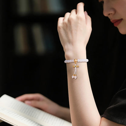 Hetian Jade Bracelet, Exquisitely Carved Straight-Cut White Jade Beads, Vajra Pestle & Five-Script Single-Circle Handheld Bangle