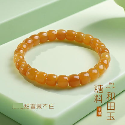 Unisex Hetian Sugar Jade Bracelet, Premium Barrel Beads Single-Circle Bangle, Festival Gift