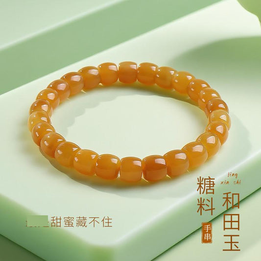 Unisex Hetian Sugar Jade Bracelet, Premium Barrel Beads Single-Circle Bangle, Festival Gift