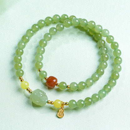 Icy Clear Water Light Cyan Hetian Jade Double-row Bracelet with Pixiu, Fashion Versatile Jewelry, Festival Gift