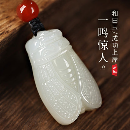 Natural Hetian Jade Cicada Pendant, Symbolize Success in Exams & Brilliant Future, Inspirational Gift for Students, With Certificate & Collectible Value