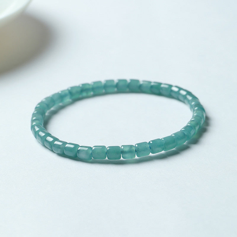 Women's Translucent Blue Water Emerald Barrel Bead Bracelet, Simple Lucky Loop Jade Bangle