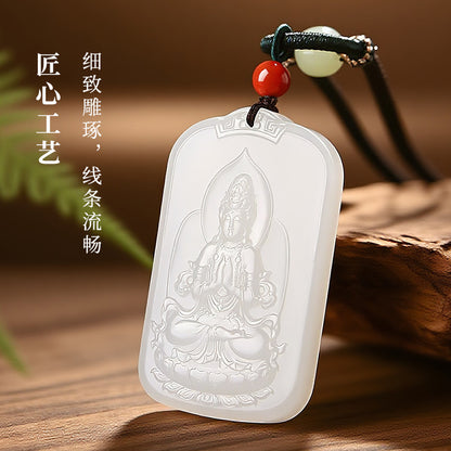 Masterpiece Hetian Jade Pendant, White Jade Sitting Guanyin, Double-sided Carving, Men's Style with Cord, Gift for Men