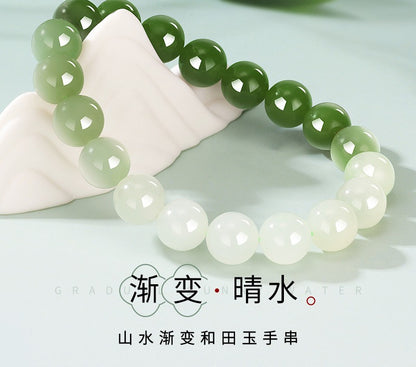 Gradient Landscape Hetian Jade Bracelet, Stylish Versatile Beaded Bangle, Daily Commute Jewelry, Gift for Friends & Mom