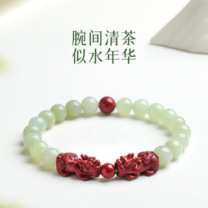 Five-way God of Wealth Pixiu Hetian Jade Bracelet, Unisex Auspicious Beast Beaded Bracelet