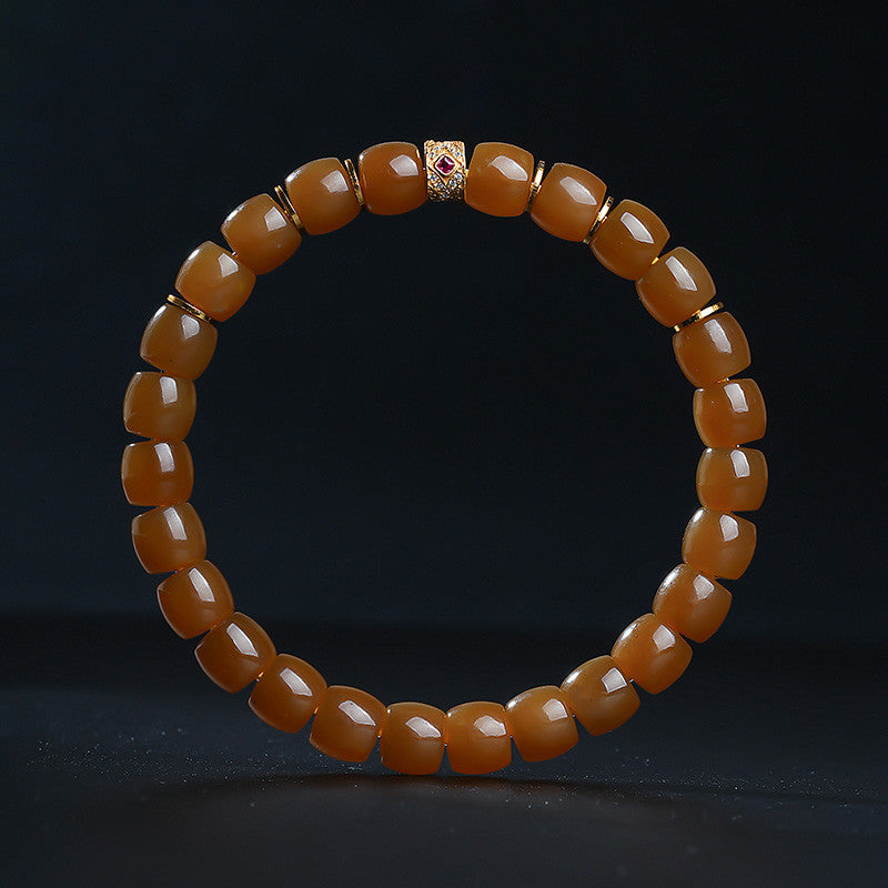 Women's Hetian Jade Bracelet, Glossy Sugar Material Barrel Beads Single-Circle Bangle, Festival Gift