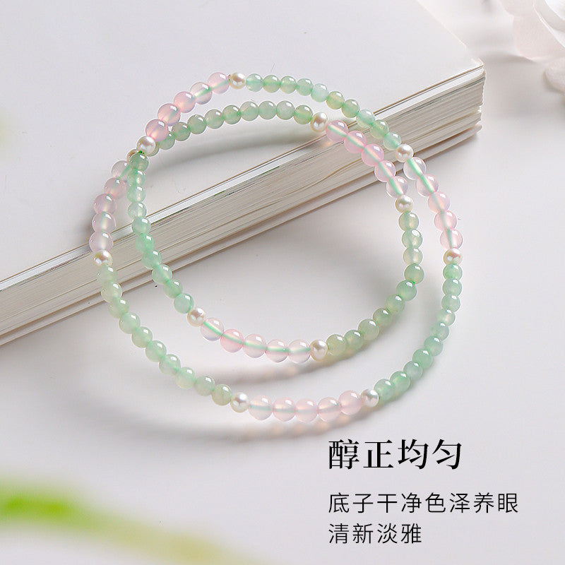 DIY Mini Bead Jadeite Bracelet, Women's Double-loop Bracelet with Pink Chalcedony, Fresh & Versatile