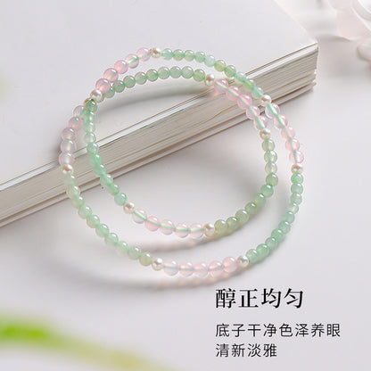 DIY Mini Bead Jadeite Bracelet, Women's Double-loop Bracelet with Pink Chalcedony, Fresh & Versatile