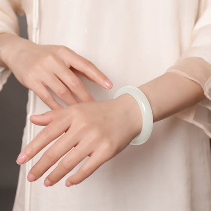 Premium Selection White Hetian Jade Peace Bangle, Exquisitely Oily & Delicate Jade Bracelet, Holiday Gift Ornament with Certificate & Collectible Value