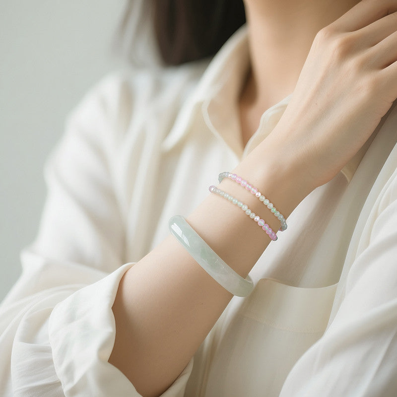 DIY Mini Bead Jadeite Bracelet, Women's Double-loop Bracelet with Pink Chalcedony, Fresh & Versatile