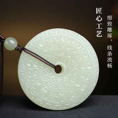 Archaistic Swirl Pattern Hetian Jade Safety Buckle Pendant, Unisex Jade Ornament