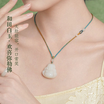 Hetian Jade Laughing Buddha Pendant, White Jade Buddha Charm, Couple Necklace for Men & Women