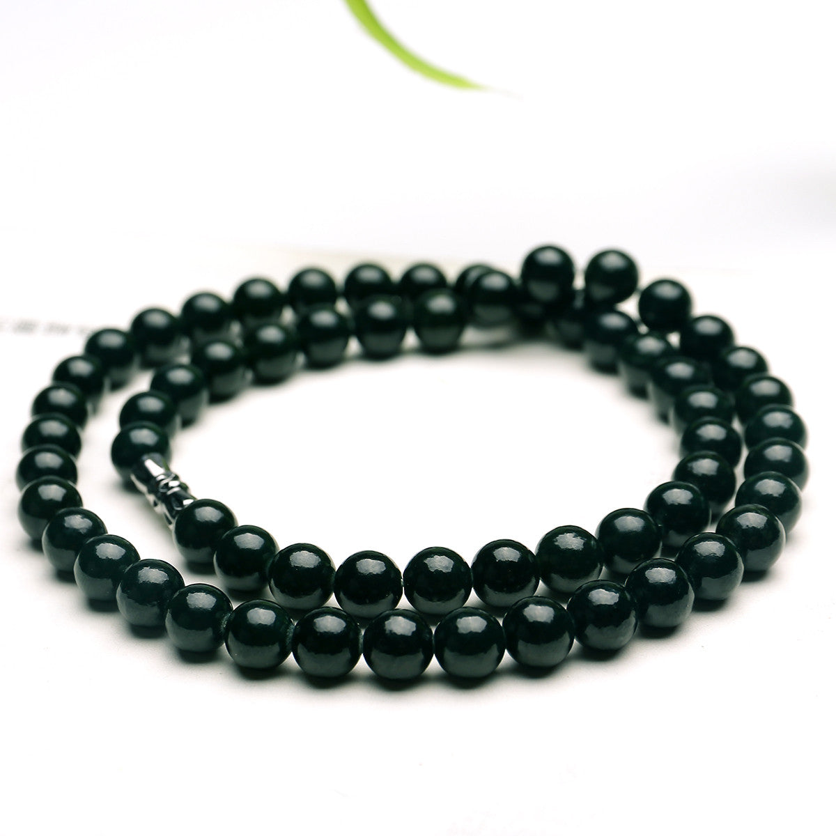 Dark Green Hetian Jade Round Bead Necklace, Women Long Sweater Chain