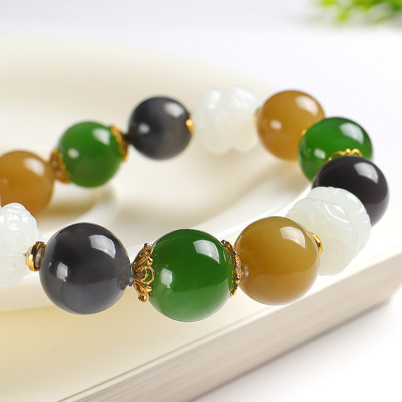 Hetian Jade Multi-Color Beaded Bracelet, Carved White Jade Lotus Bangle, Festival Gift