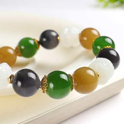 Hetian Jade Multi-Color Beaded Bracelet, Carved White Jade Lotus Bangle, Festival Gift