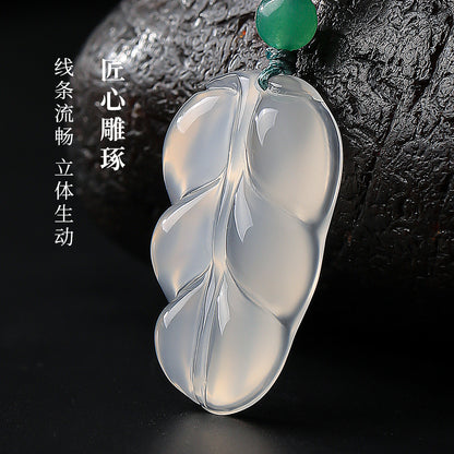 High Icy Chalcedony Leaf Pendant, Golden Branch & Jade Leaf Women Ornament, Holiday Gift