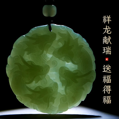 Double-Sided Carved Dark Green Hetian Jade Nine-Dragon Pendant, Unisex Jade Ornament