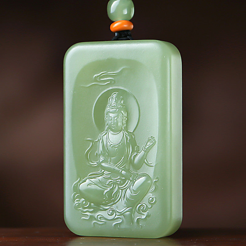 Men's Hetian Pale Cyan Jade Pendant, Double-Sided Carved Guanyin Jade Charm