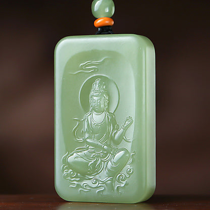 Men's Hetian Pale Cyan Jade Pendant, Double-Sided Carved Guanyin Jade Charm