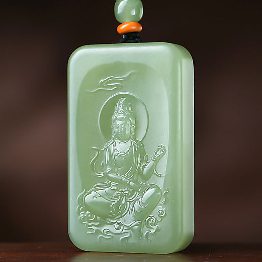 Men's Hetian Pale Cyan Jade Pendant, Double-Sided Carved Guanyin Jade Charm