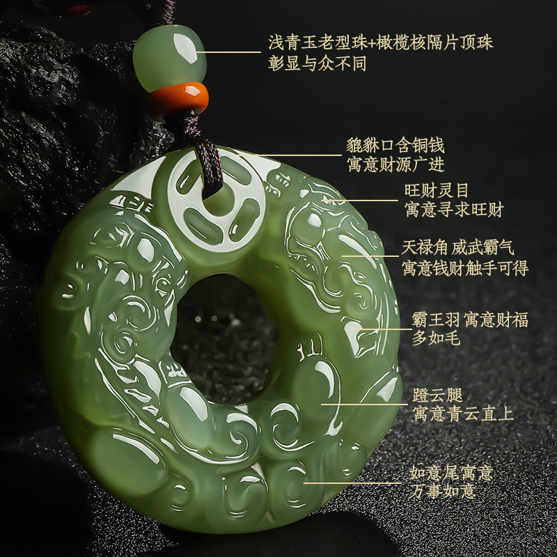 Unisex Double-sided Carved Hetian Jade Pixiu Safety Buckle Pendant, Festival Gift