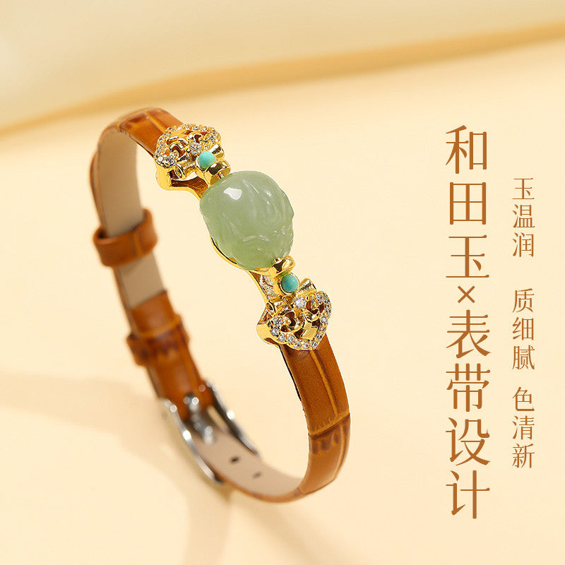 Rotatable Barrel Bead Jade Bracelet, Hetian Jade & Jadeite Wristband with Pixiu, Gift