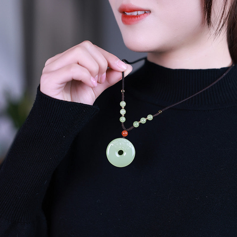 Smooth & Worry-free | Hetian Jade Pixiu Head Safety Buckle Pendant, Unisex Auspicious Beast Jade Charm with Braided Cord for Gift
