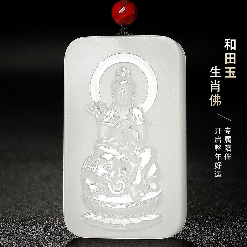 Grease-like White Hetian Jade Pendant, Double-sided Carved Eight Zodiac Guardian Buddhas, Festival Gift