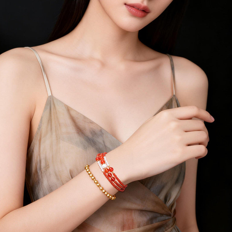 Lucky Red Agate Bracelet, Mini Bead & Rolling Bead Bangle-style Multi-loop Bracelet for Women, Festival Gift for Girlfriend
