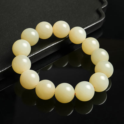 Unisex Hetian Jade Bracelet, Honey Water Tone Glossy Round Beads