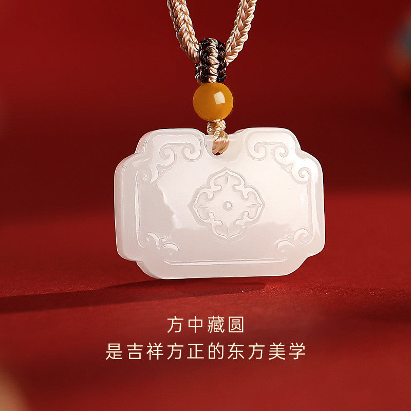 Tang Style Eight Auspicious Series Hetian Jade Square Ruyi Lock Pendant