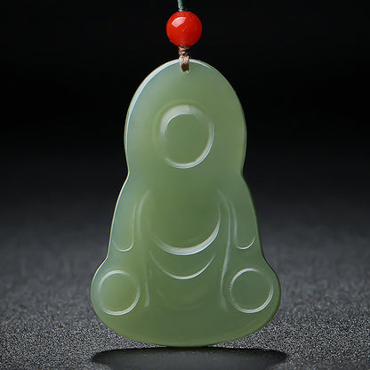 Double-Side Carved Pale Cyan Hetian Jade Sitting Guanyin Pendant, Unisex Lotus Throne Jade Charm
