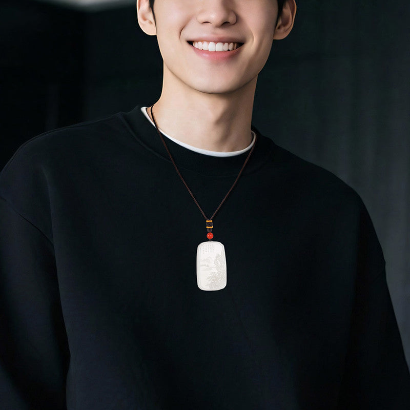 Master's Unique Piece | Hand Line-Carved Landscape Hetian Jade Pendant, Light Cyan & White Jade for Men & Women