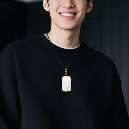 Master's Unique Piece | Hand Line-Carved Landscape Hetian Jade Pendant, Light Cyan & White Jade for Men & Women