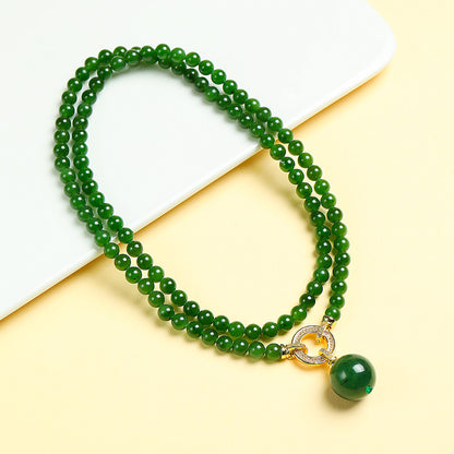 High-Oily Spinach Green Hetian Jasper Round Bead Necklace, Multi-use Sweater Chain