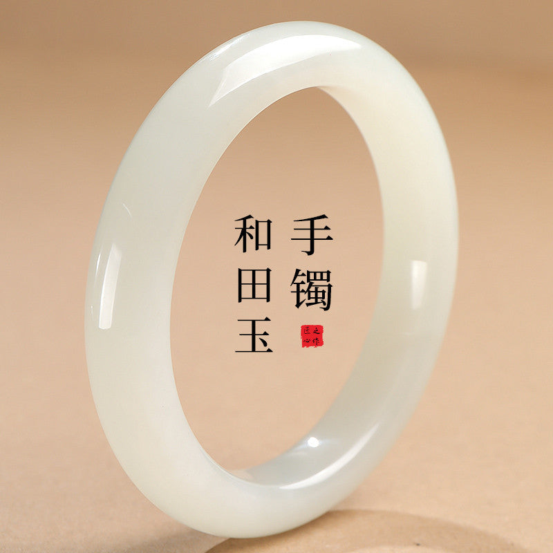 Premium Choice Oily White Hetian Jade Peace Bangle, Holiday Gift for Girlfriend & Mom