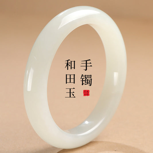 Premium Choice Oily White Hetian Jade Peace Bangle, Holiday Gift for Girlfriend & Mom