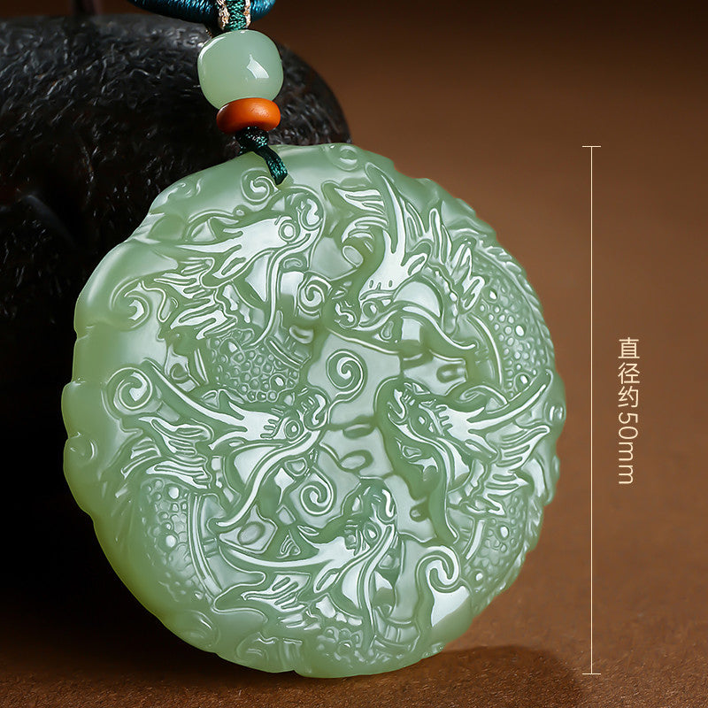 Double-Sided Carved Dark Green Hetian Jade Nine-Dragon Pendant, Unisex Jade Ornament