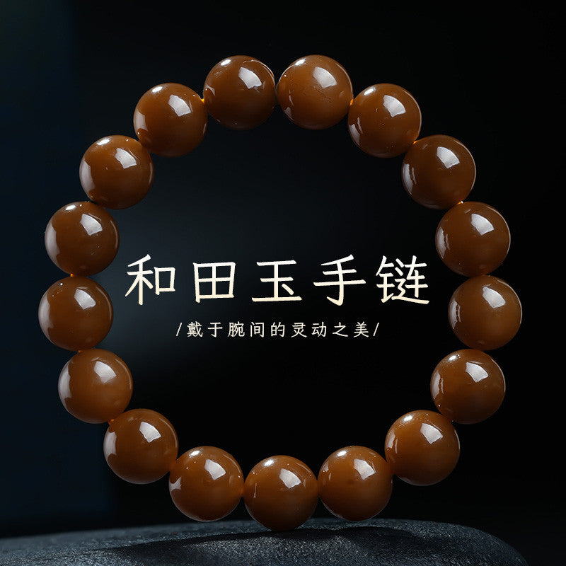 Collectible Hetian Jade Bracelet, Men & Women Red Sugar Jade Glossy Round Beads Plain Bangle, Festival Gift