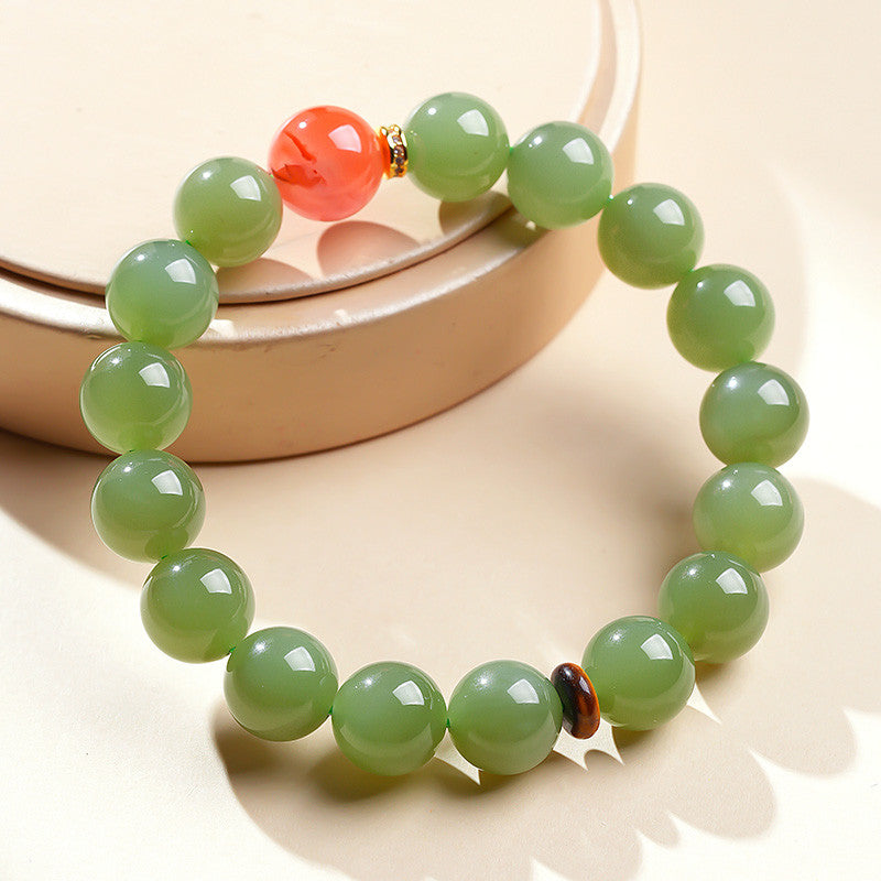 High Oil & Translucent Pale Cyan Hetian Jade Bracelet, Round Bead Single-loop Bangle for Women